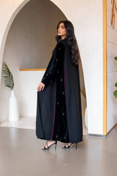 Crepe Abaya with black velvet  IB257 Black