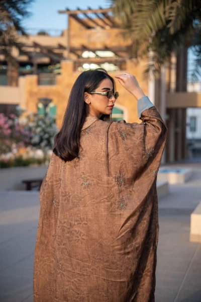 Brown crepe jacquard abaya C:IB312